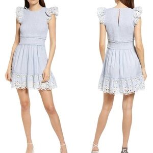 SAYLOR NWT Smocked Mini Dress Size Large Blue Pinstripe Eyelet Coquette Preppy